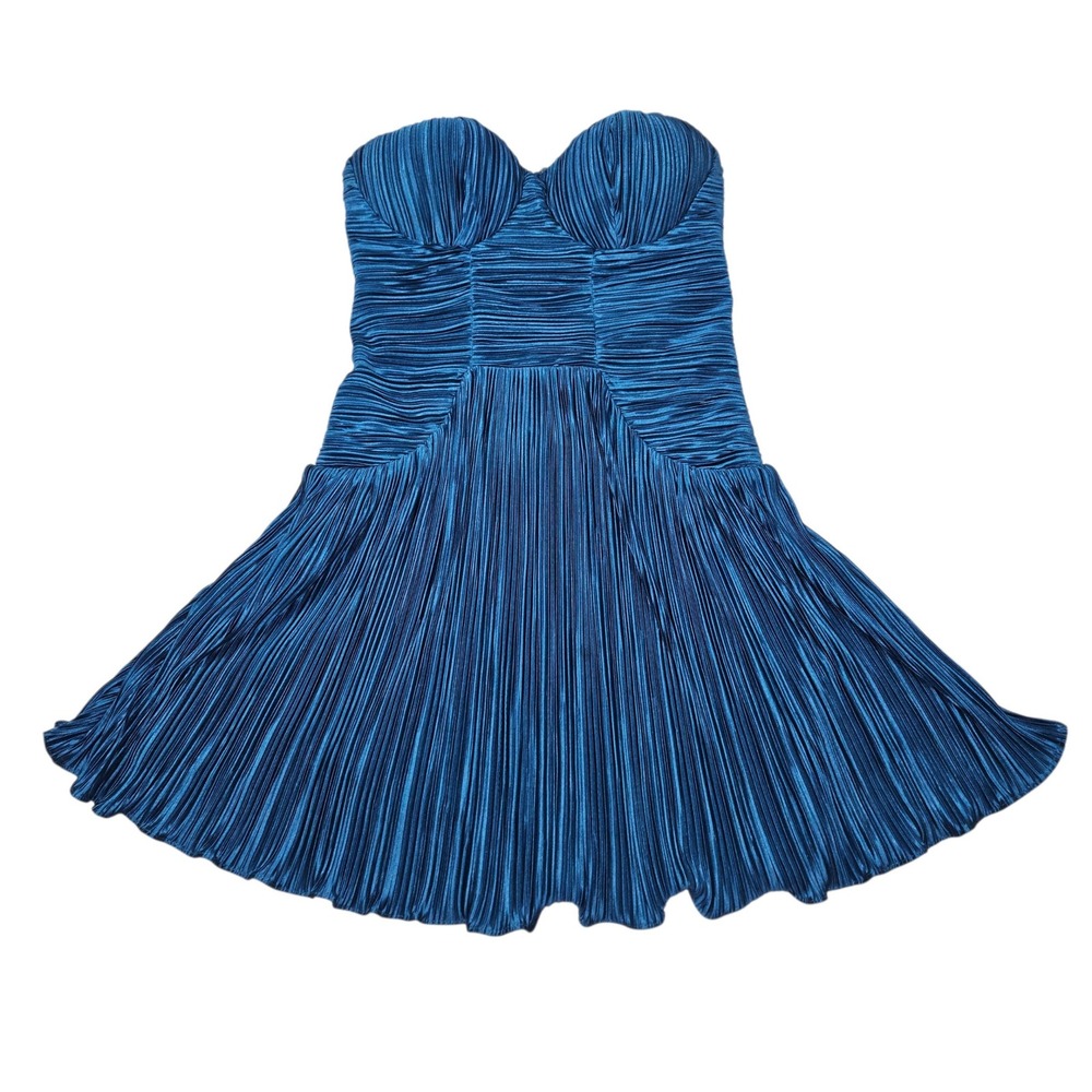 Lulus Strapless Accordion Pleated Metallic Mini Dress Teal Blue Sz S